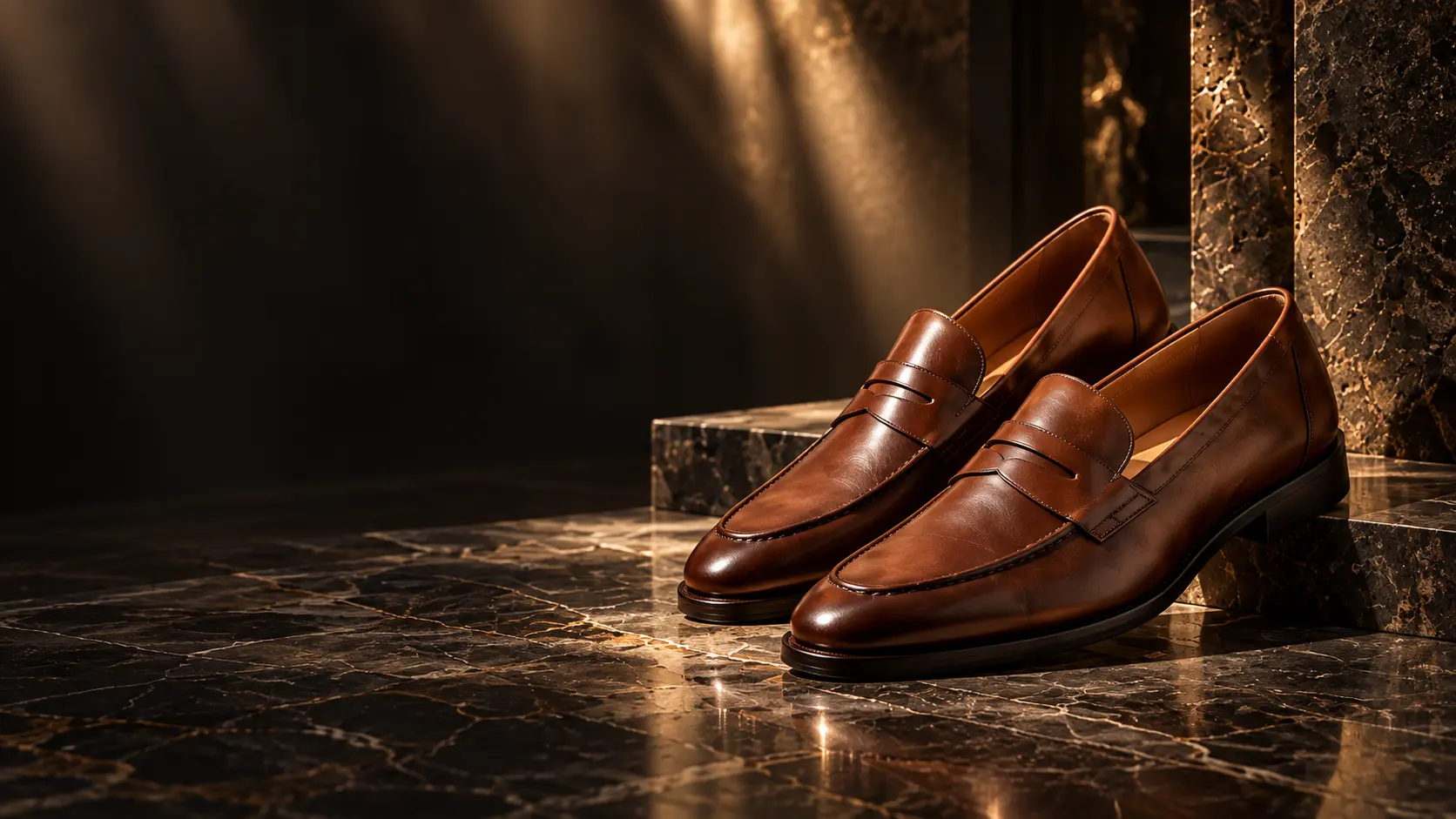 Brown loafers on dark marble