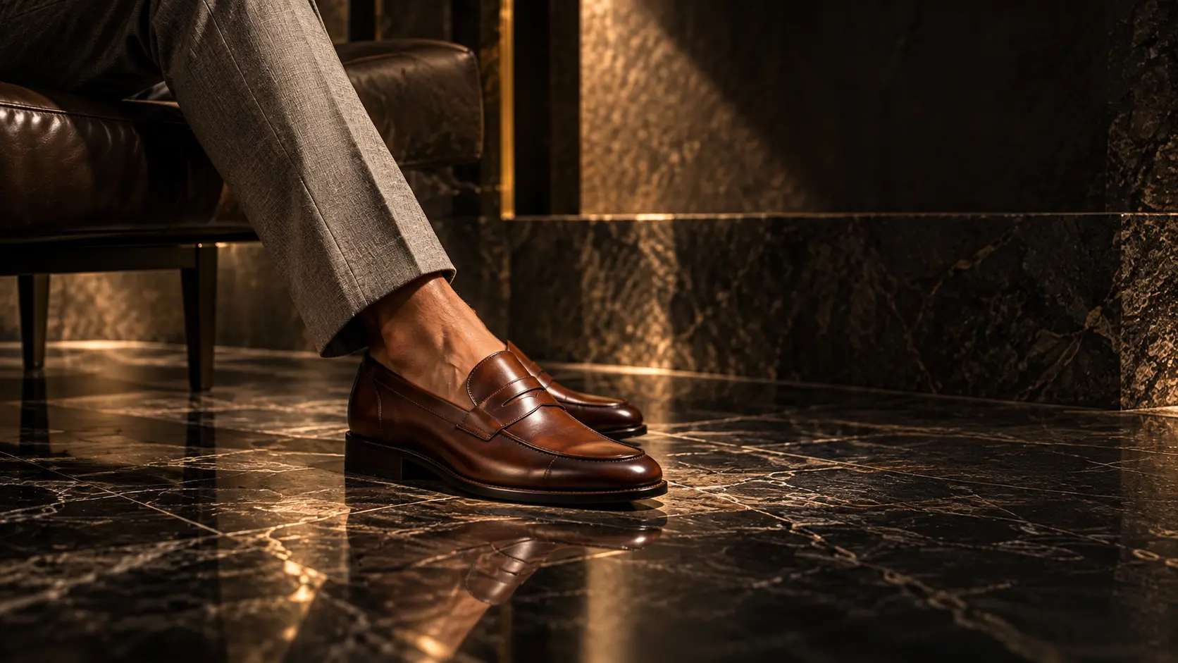Brown loafers worn with tailored trousers